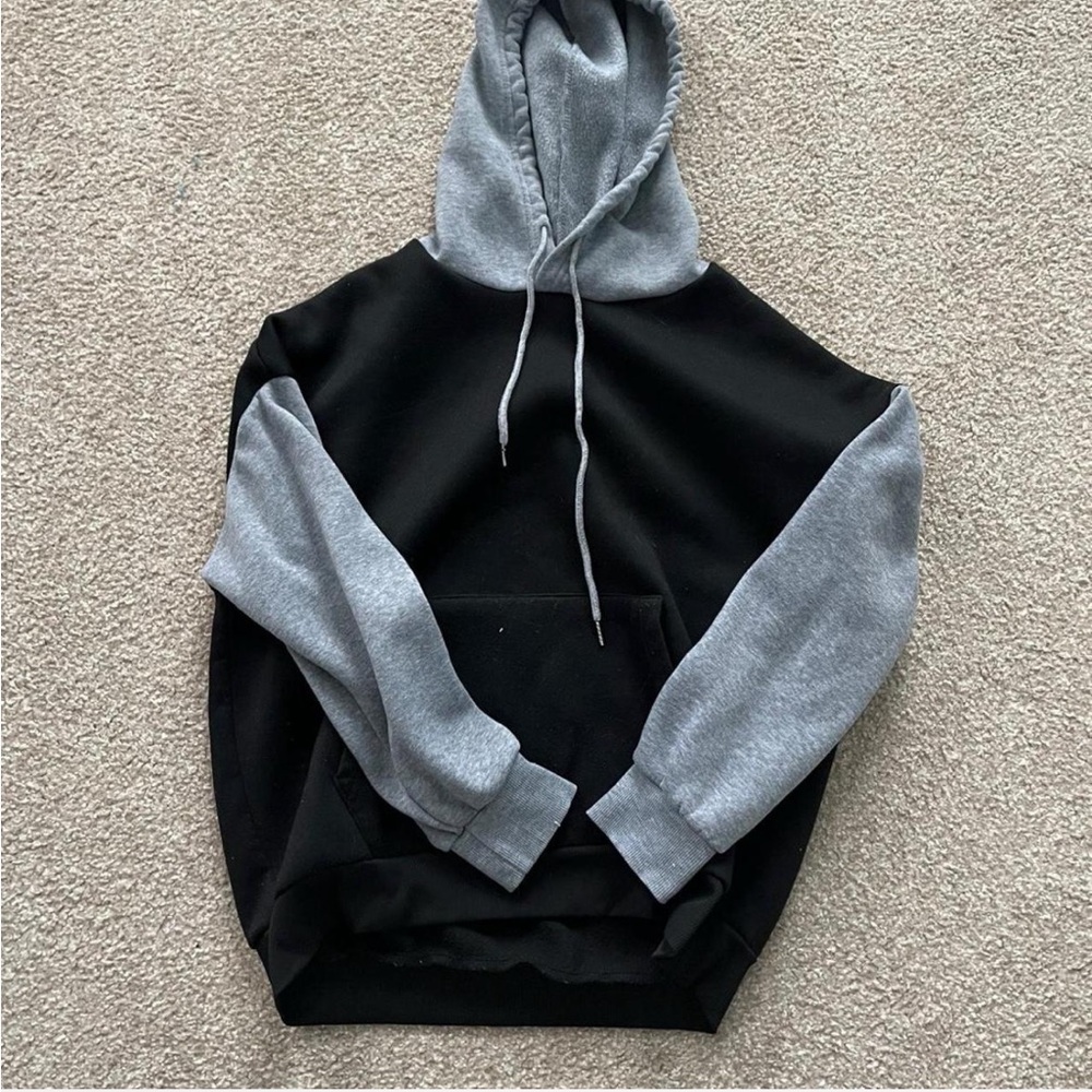 Black and Gray Hooded Pullover Sweater with Drawstring